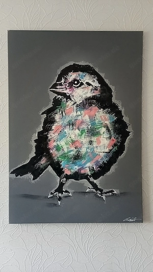 Acryl & Öl Kunstwerk "Spatz"   Handgemalt 