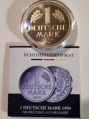 Sehr gesuchte "1 Deutsche Mark 1950" Neuprägung aus Neusilber, mit Zertifikat
