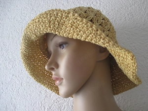Neu m.E. 70er Hippie Style DESIGNER Blumen Blüten Häckel Optik Sonnen Bast Bucket- Hat Fischer HUT