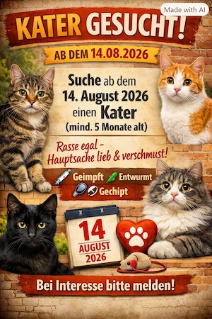 Suche ab dem 14.08.2026 einen Kater (ab 5 monaten) 