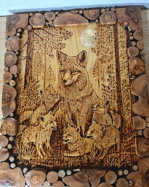 Fuchsbild Holz Brandmalerei 60x48 cm   Handarbeit Olivenholzrahmen Unikat