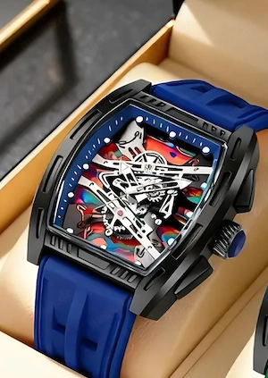 Exklusive Skeleton Herrenuhr -Tonneau- Gehäuse Blau