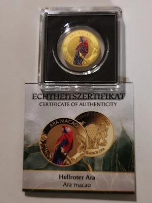 Goldmünze Papageien "Hellroter Ara" 1 1000 oz 999er Feingold mit Zertifikat
