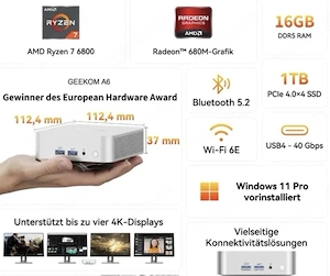Geekom A6 Mini PC Ryzen 7 6800H 16GB RAM 1TB Ssd Wi-fi 6E Win 11 Pro Bild 2