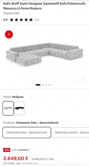 Designer Sofa Menorca U-Form Chesterfield Samt beige
