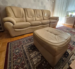 Ledersofa plus Sitzhocker Beige