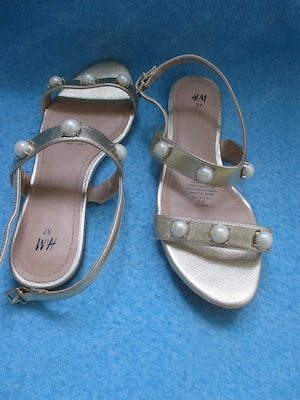 NEU Edel Perlen Pearls Leder Imitat Riemchen Sandaletten Sandalen Schuhe H&M Gr.37  4 gold ercu