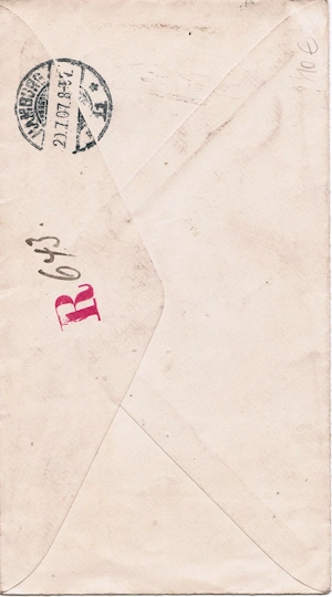Washington-Ehepaar Frankatur auf US-Konsulatsbrief von 1907 (T117) Bild 3