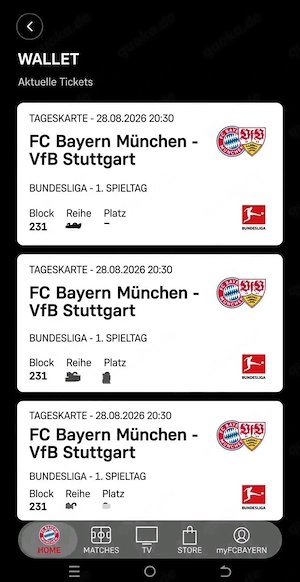 3 Plätze nebeneinander  FC Bayern   Stuttgart 28.08.26