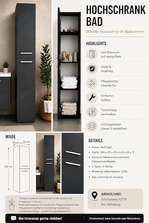 Hochschrank Bad   Anthrazit | 160   35   35 cm