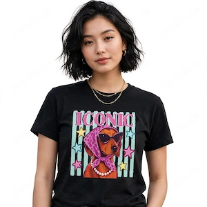 ICONIC Dackel Damen T-Shirt - Süßer Dackel mit Sonnenbrille, Kopftuch und Perlenkette - Retro Vintag