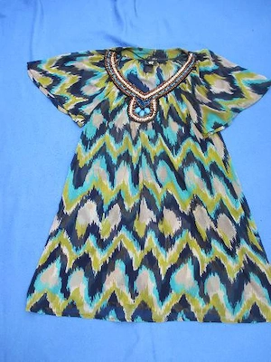 Azteken Look Satement Perlen Stickerei Seiden Chiffon Baby Doll Long Tunika BLUSE Mini Kleid H&M 