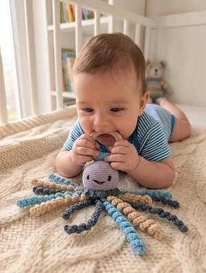 Oktopus Rassel mit Beißring  Holz Qualle Geschenk zum Geburt gehäkelt NEU