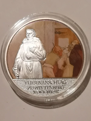 Gedenkprägung "Thesenanschlag Martin Luther" 1 oz Kupfer, vollversilbert + Farbapplikation + Zertifi