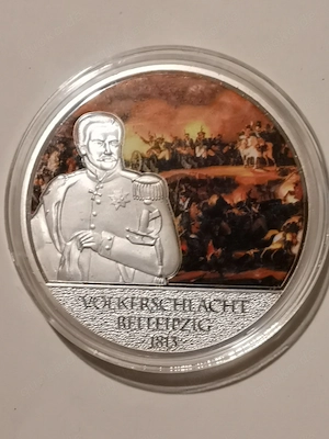 Gedenkprägung "Die Völkerschlacht bei Leipzig 1813" 1 oz Kupfer, vollversilbert + Farbapplikation + 