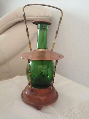 Vintage Spieluhr, grüne Glasflasche, Kupfer Messing,  Marlene 