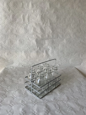 Vintage Flaschenträger aus Metall mit 6 Glasflaschen   Deko   Vasen
