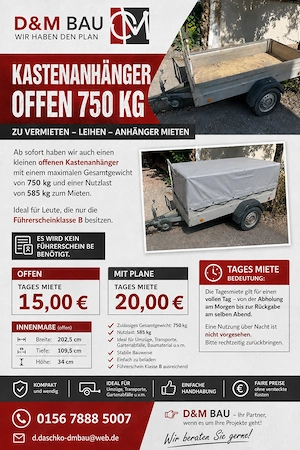 Kastenanhänger offen 750 kg zu vermieten leihen Anhänger mieten