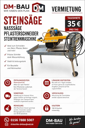 VERMIETE: Steinsäge Nasssäge Pflasterschneider Steintrennmaschine