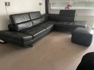 Große Wohnlandschaft Couch Sofa - Anthrazit Kunstleder mit Hocker