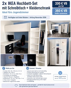 2  IKEA Hochbett mit Schreibtisch + BRIMNES Schrank   je 200   VB