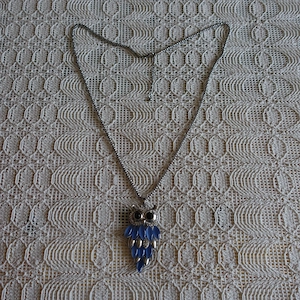 Kette, Eulenkette, silberfarben blau, Modeschmuck
