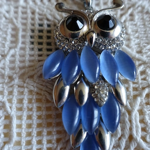 Kette, Eulenkette, silberfarben blau, Modeschmuck