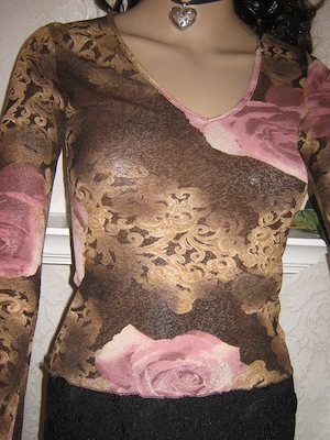NEU Romatik Rosen Blüten Hippie Gipsy Chiffon Mesh Bodycon Langarm Longsleeve T-Shirt HALLHUBER XS-S