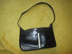 1990er VINTAGE College Style Leder Imitat Henkel Hand Tasche Clutch Handle Bag Tote schwarz creme