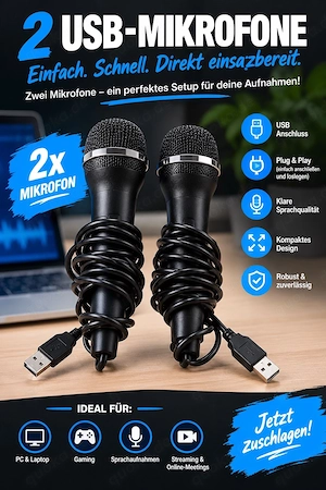 2x USB-Mikrofone Schwarz | USB-Anschluss | Plug & Play