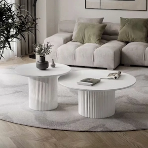 2-teiliges Couchtisch-Set in Weiß, rund mit Rillen-Design 