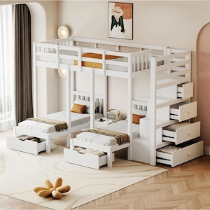 Weißes Etagenbett mit 3betten und  Treppe und Schubladen