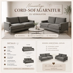 Neuwertige Cord Sofagarnitur 3-Sitzer + 2-Sitzer dunkelgrau