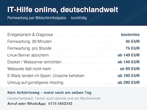 IT-Hilfe online deutschlandweit - Fernwartung kurzfristig, auch abends