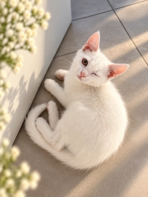 Liebevolle weiße Katze sucht ein neues Zuhause 