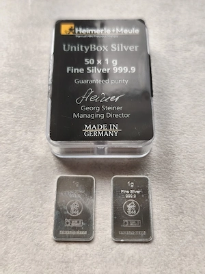 Heimerle + Meule UnityBox Silver 50 x 1 g Silberbarren 999,9 Made in Germany