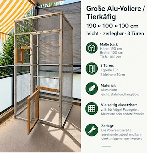 Große Alu-Voliere   Vögel käfig   190   100 cm   leicht, zerlegbar   3 Türen