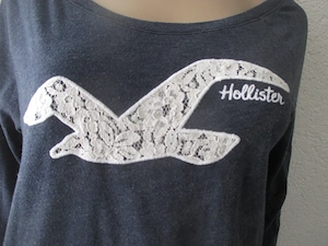 Möwen Vogel Blumen Blüten Lace Spitze Glitzer Pailletten Stickerei Dreiviertelarm T-Shirt HOLLISTER