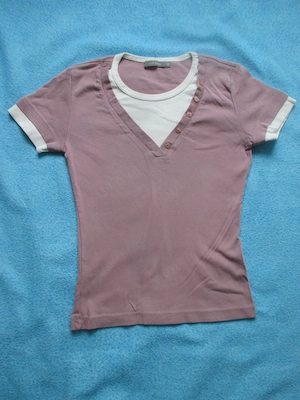 VINTAGE wie 2 in 1 Bodycon Kurzarm T-Shirt  mit Knopfleiste zero base 34-36  XS-S alt ros  weiß 