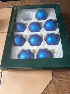 Elite Glas-Baumschmuck   9 blaue matten Glaskugeln in OVP (Vintage)