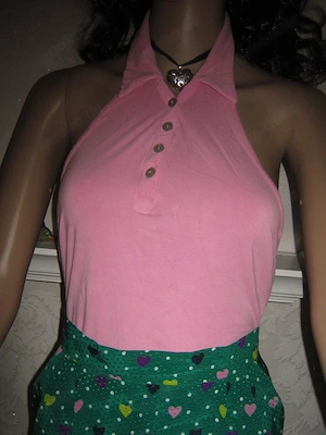 NEUw Original 1990er VINTAGE Bodycon Neckholder Polo TOP T-Shirt 36- 38 S rose rosequarz