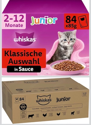 2 x WHISKAS Junior Nassfutter in Sauce 84 x 85g Klassische Auswahl