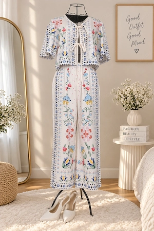 Zweiteiler mit Blumenmuster   Oberteil & weite Hose
