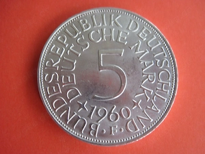 Münze 5 DM 1960 F alte Deutsche Mark, Silberadler, Heiermann