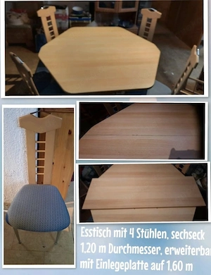 Esstisch 6-eckig (ausziehbar) mit 4 Stühlen   Buche-Optik