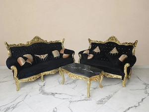 Elegante Barock-Sitzgarnitur in Schwarz-Gold   Sofa, Sessel & Couchtisch