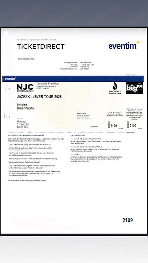 2 Jazeek Tickets für Frankfurt am 21.09 