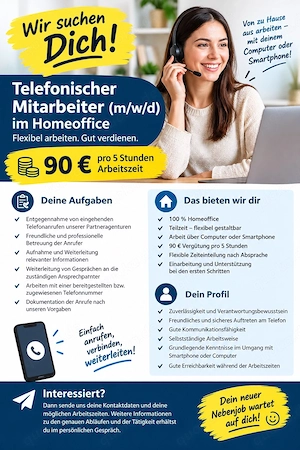 Telefonische r Mitarbeiter in im Homeoffice   Teilzeit   90   pro 5 Stunden
