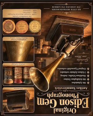 Original EDISON Gem Phonograph mit Schallophon & 2 Zylindern