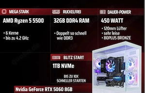 Gaming PC RTX 5060 8GB | Ryzen 5 5500 | 32GB RAM | 1TB NVMe | Win 11 Pro | 3 Monate alt